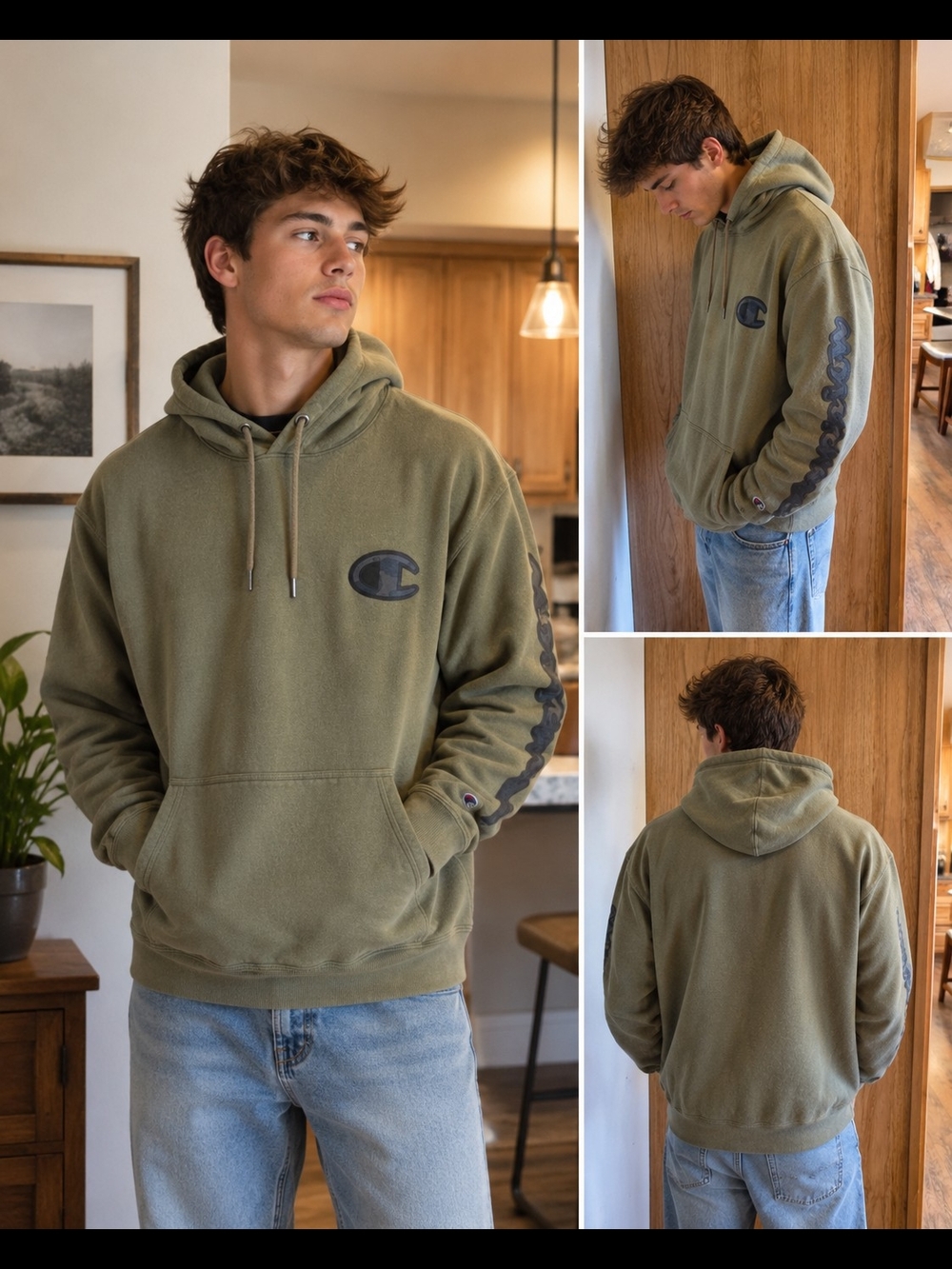 Champion Olive Green Hooded Pullover with Sleeve Logo